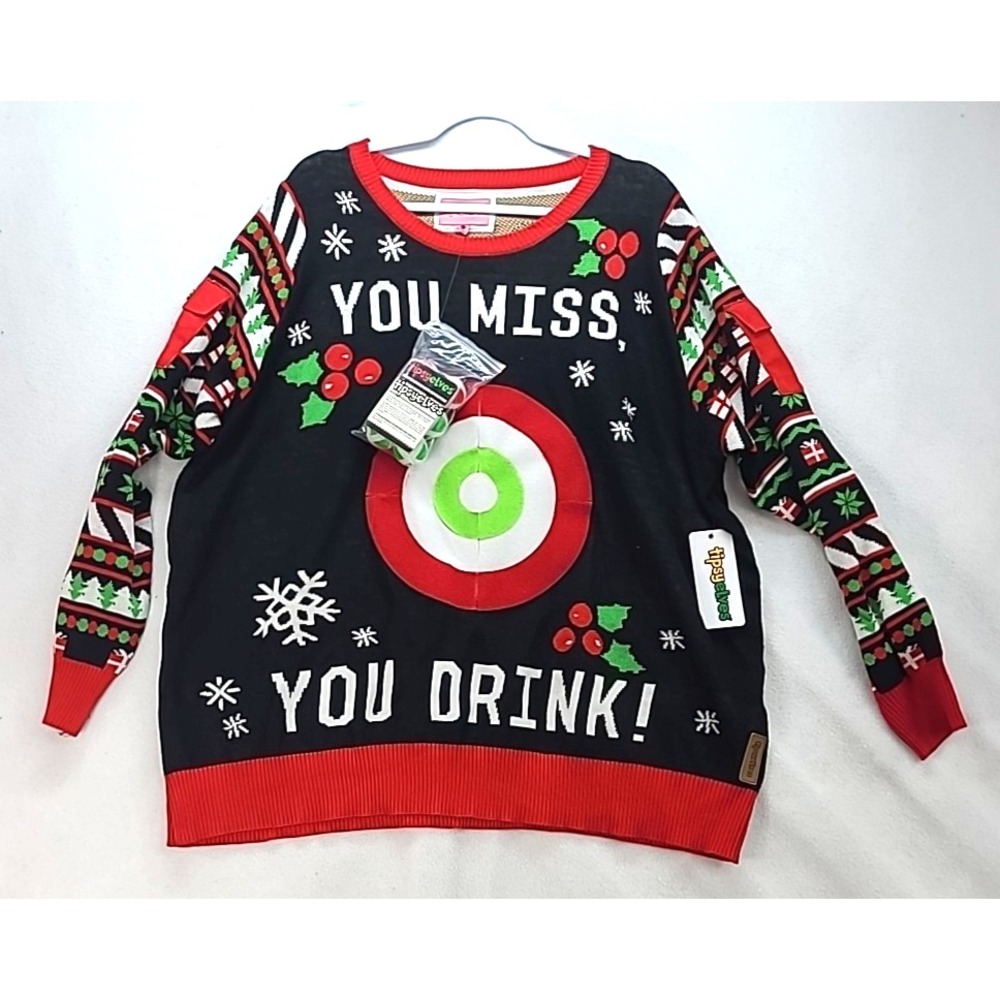 Tipsy Elves Holiday Drinking Game Ugly Christmas Sweater With Balls NWT